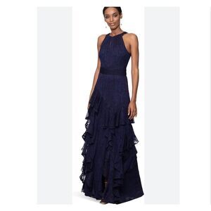Xscape Long Chiffon Tiered Ruffle Dress Navy blue size 4 broken zipper